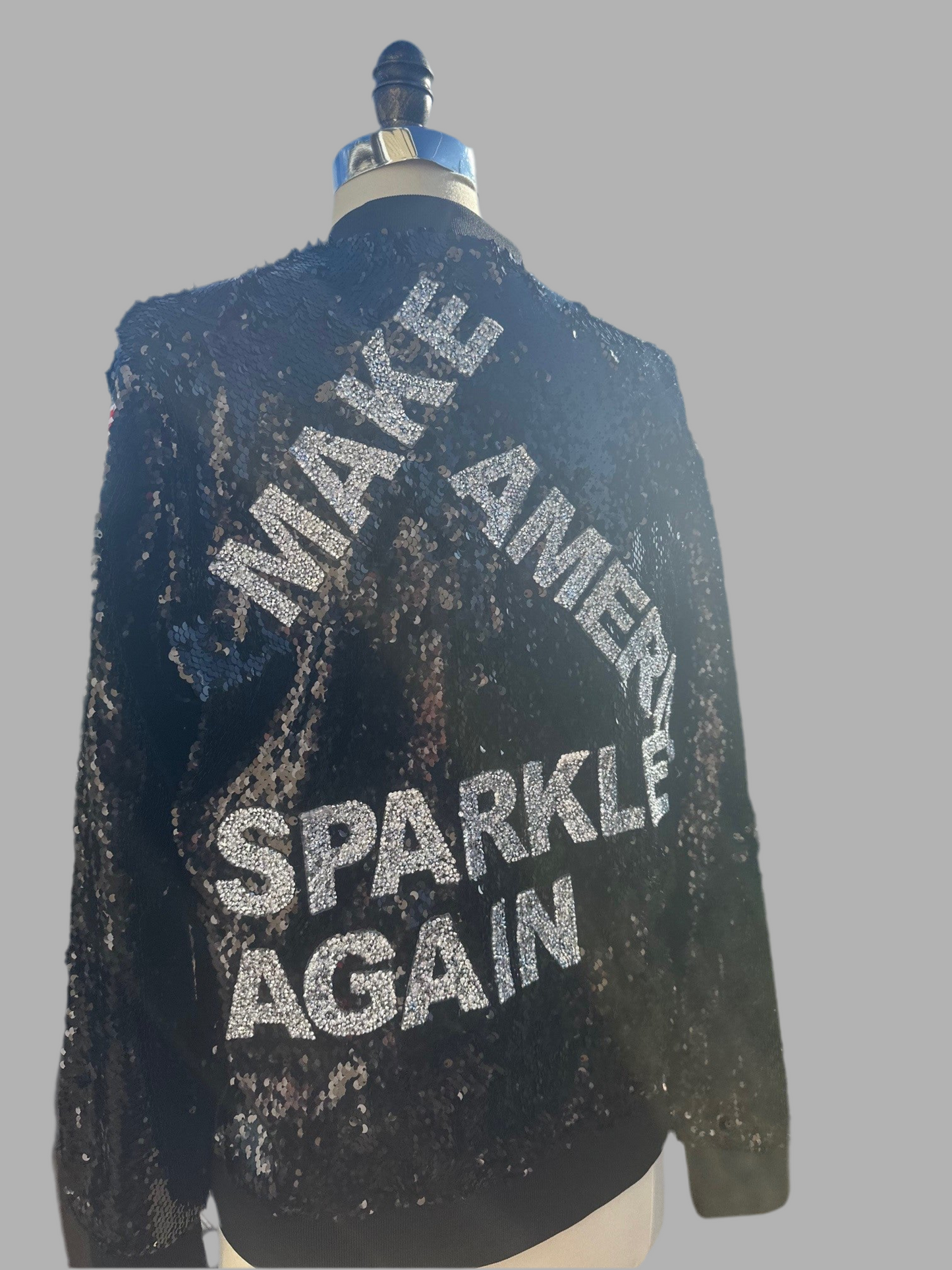 Custom "MAKE AMERICA SPARKLE AGAIN" Black/Silver Sequin Jacket