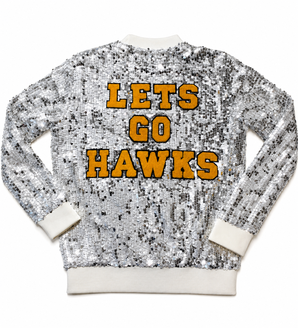 Custom White " LETS GO HAWKS!"  Sequin Jacket