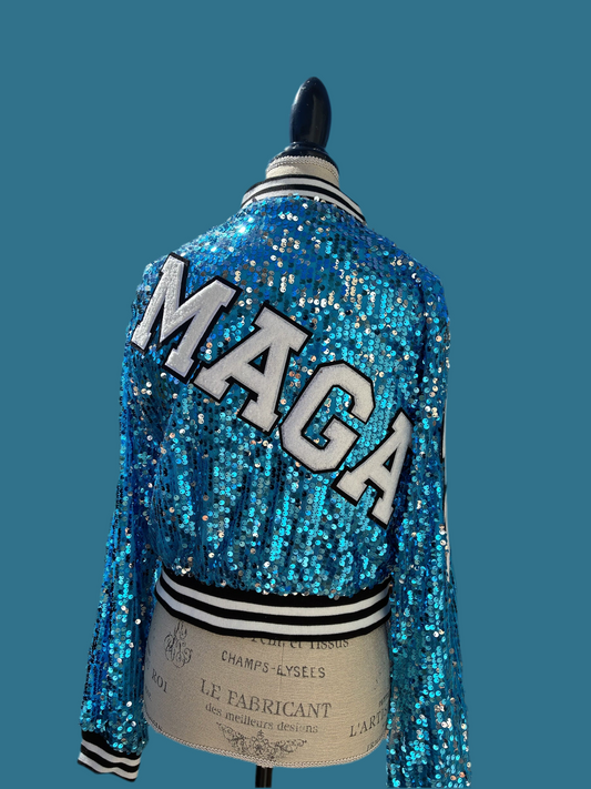 Custom Aqua Blue Cropped Sequin Jacket