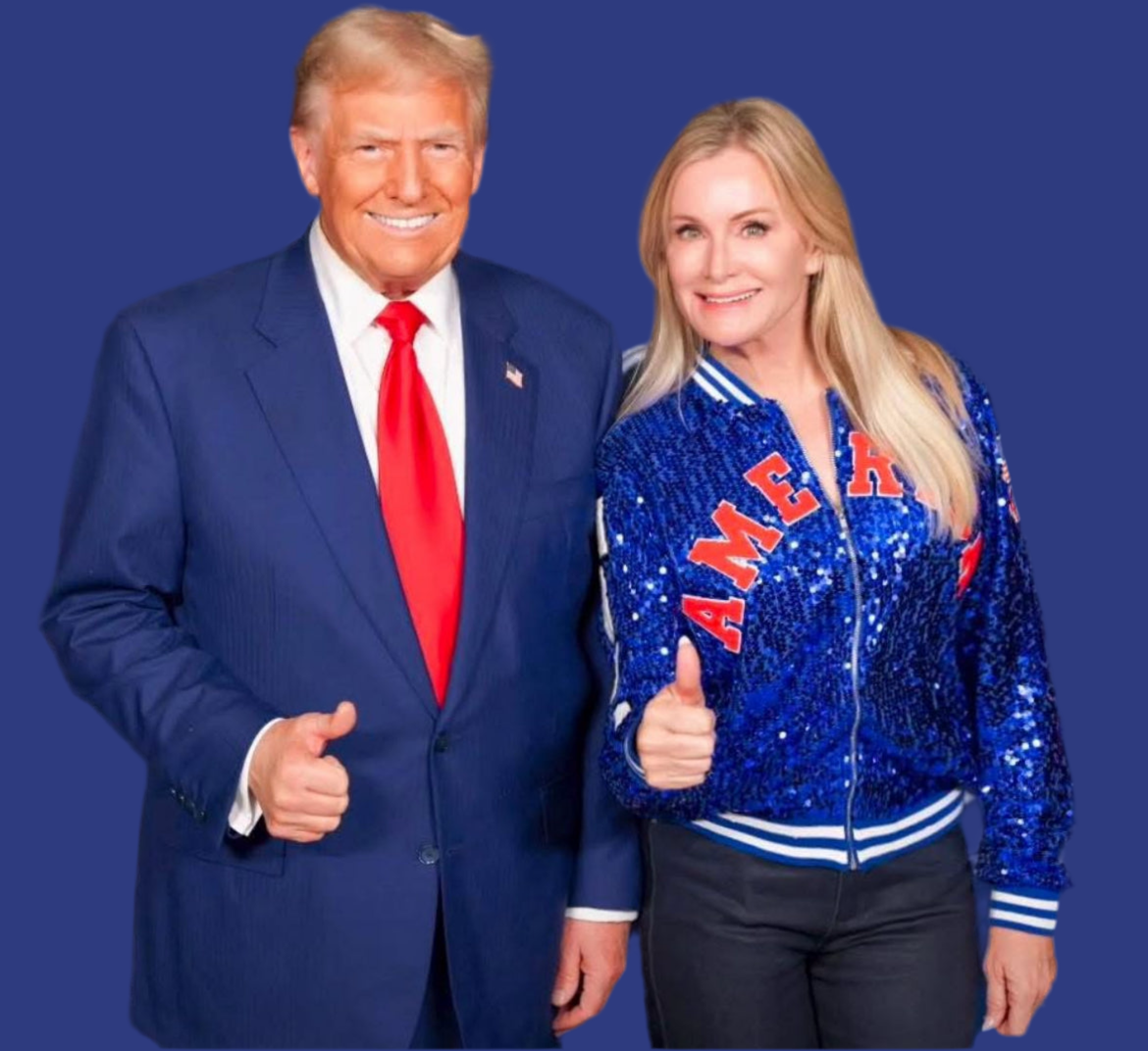 Blue”Sequin “AMERICA” adorned on the front. “TRUMP NATION” on the back. MAGA down the sleeve. USA patch flag on sleeve. ￼