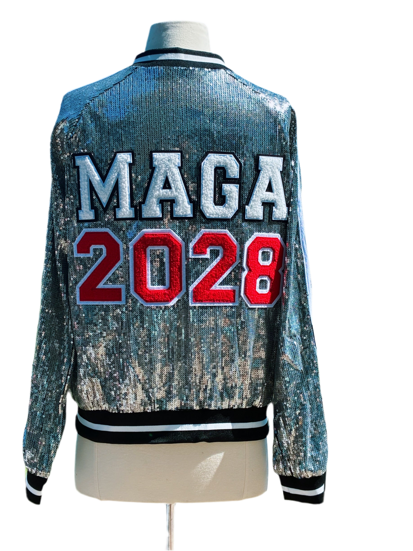Custom Silver "MAGA 2028" Sequin Jacket