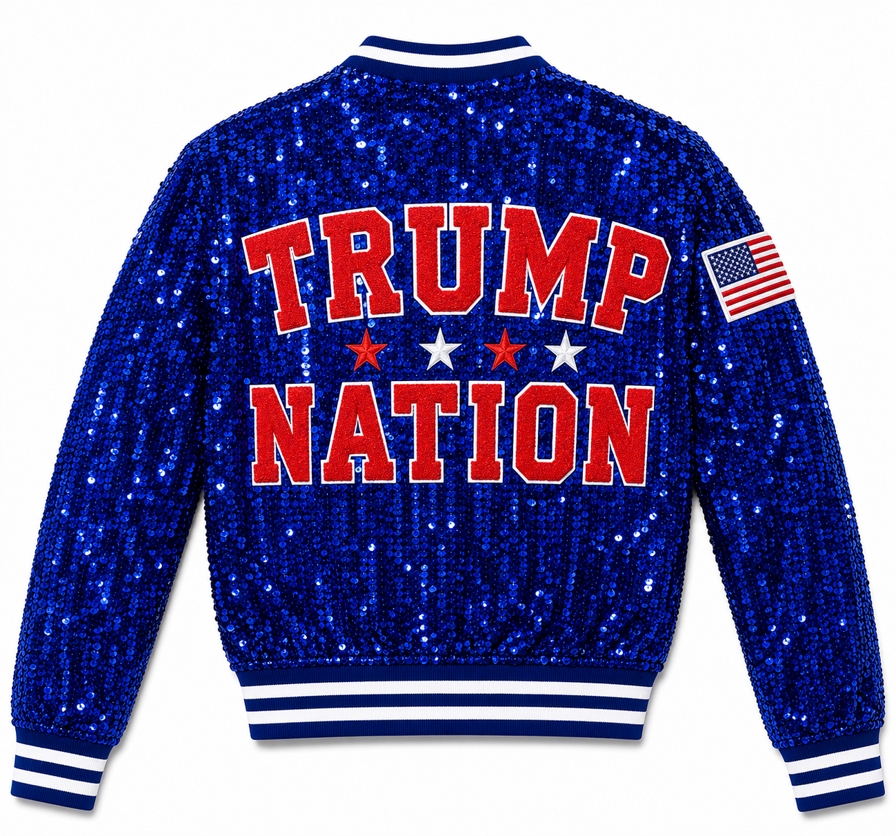 Blue”Sequin “AMERICA” adorned on the front. on the back "TRUMP NATION" USA flag on shoulder