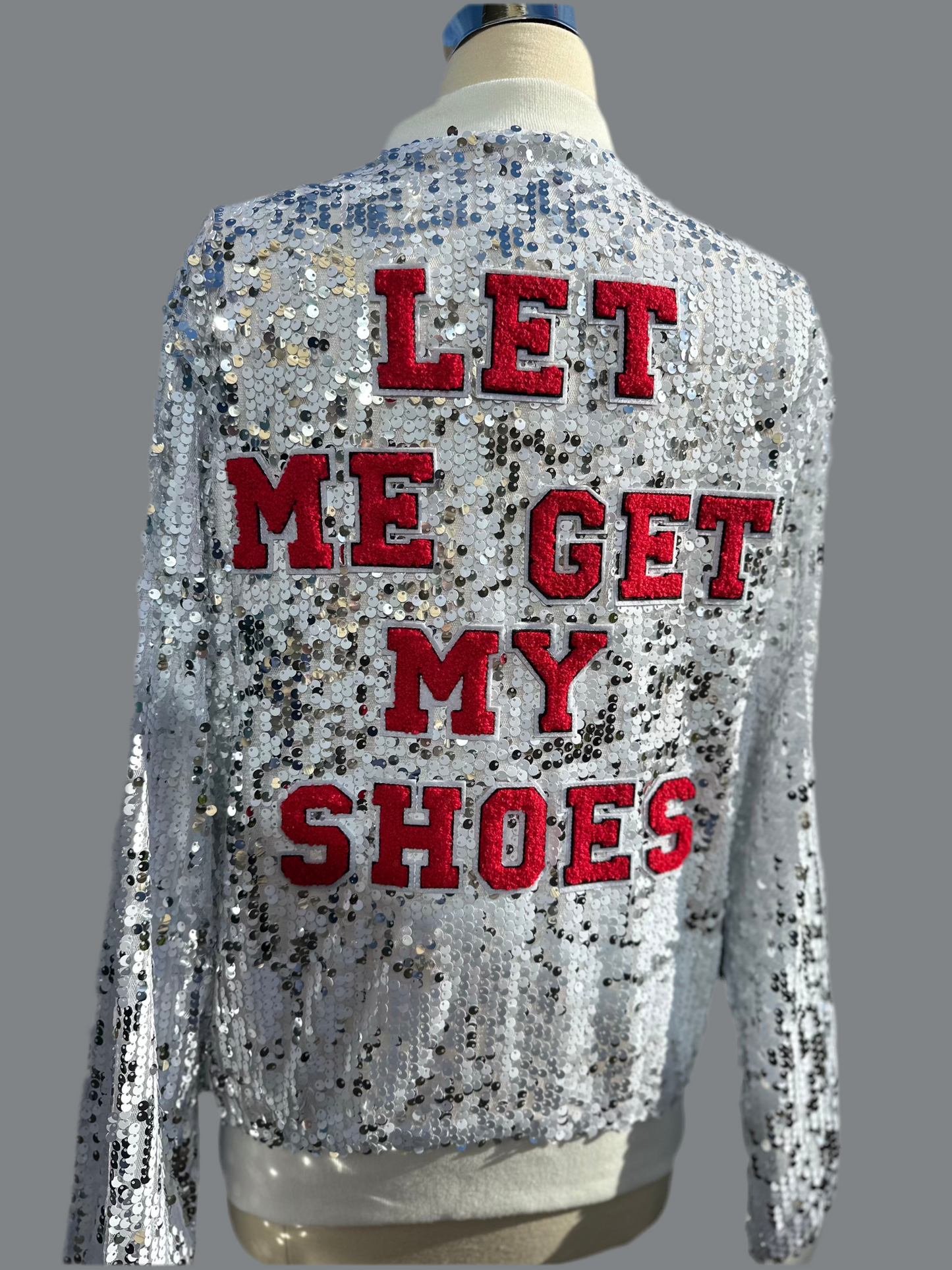 Custom "Let Me Get My Shoes" White/Silver Sequin Jacket
