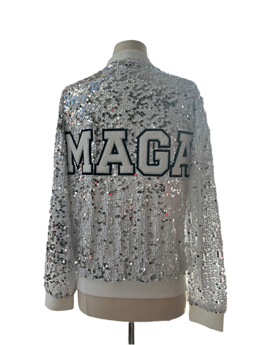 Custom White & Silver "MAGA" Sequin Jacket