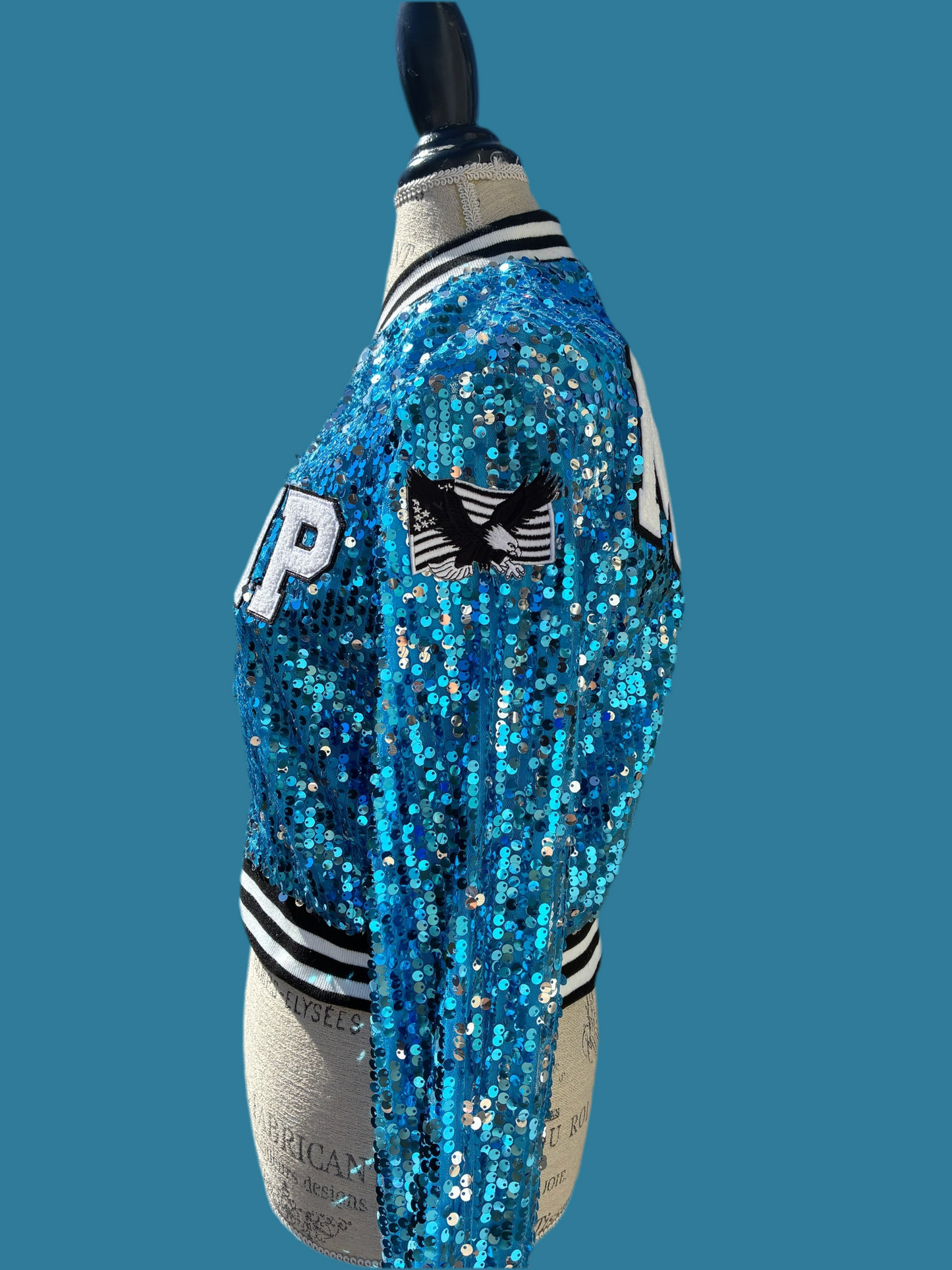 Custom Aqua Blue Cropped Sequin Jacket
