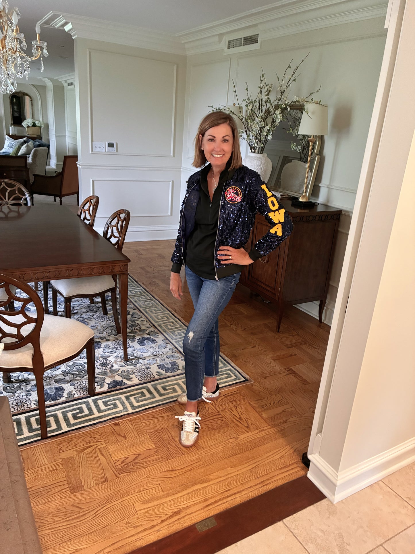 Custom Navy Blue “Indiana fever Caitlin Clark” Jacket.  As seen Iowa Governor wearing custom jacket. Stand out in the crowd with this beautiful sparkly jacket.