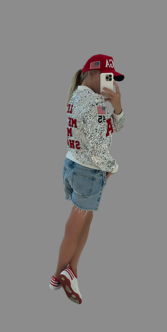Custom "Let Me Get My Shoes" White/Silver Sequin Jacket
