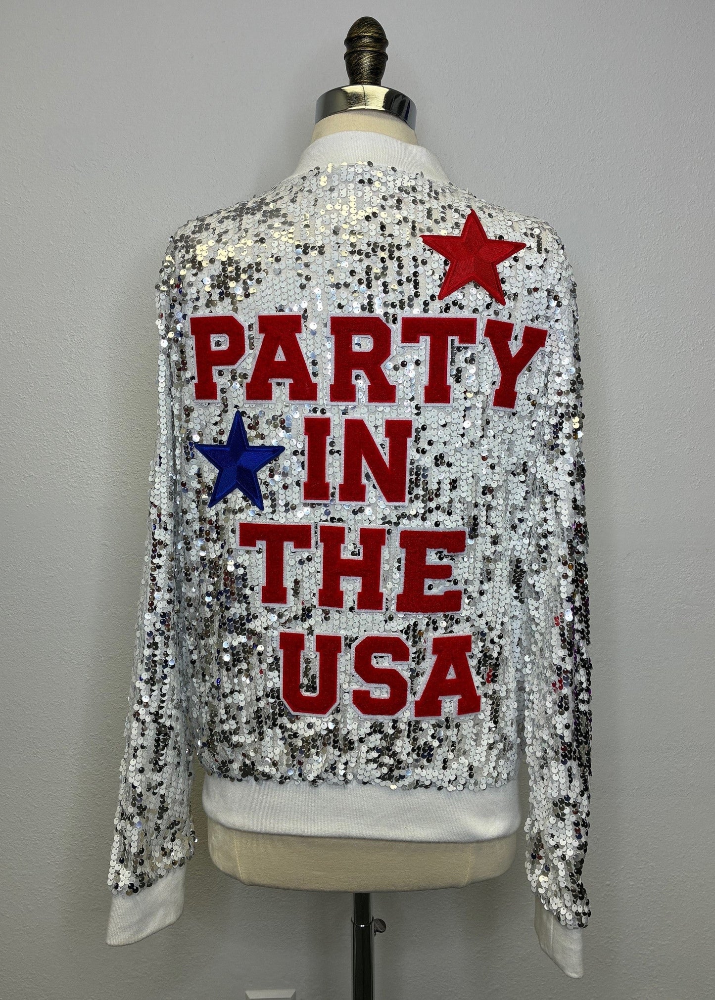 Custom PARTY IN THE USA Silver/White MAGA Sequin Jacket