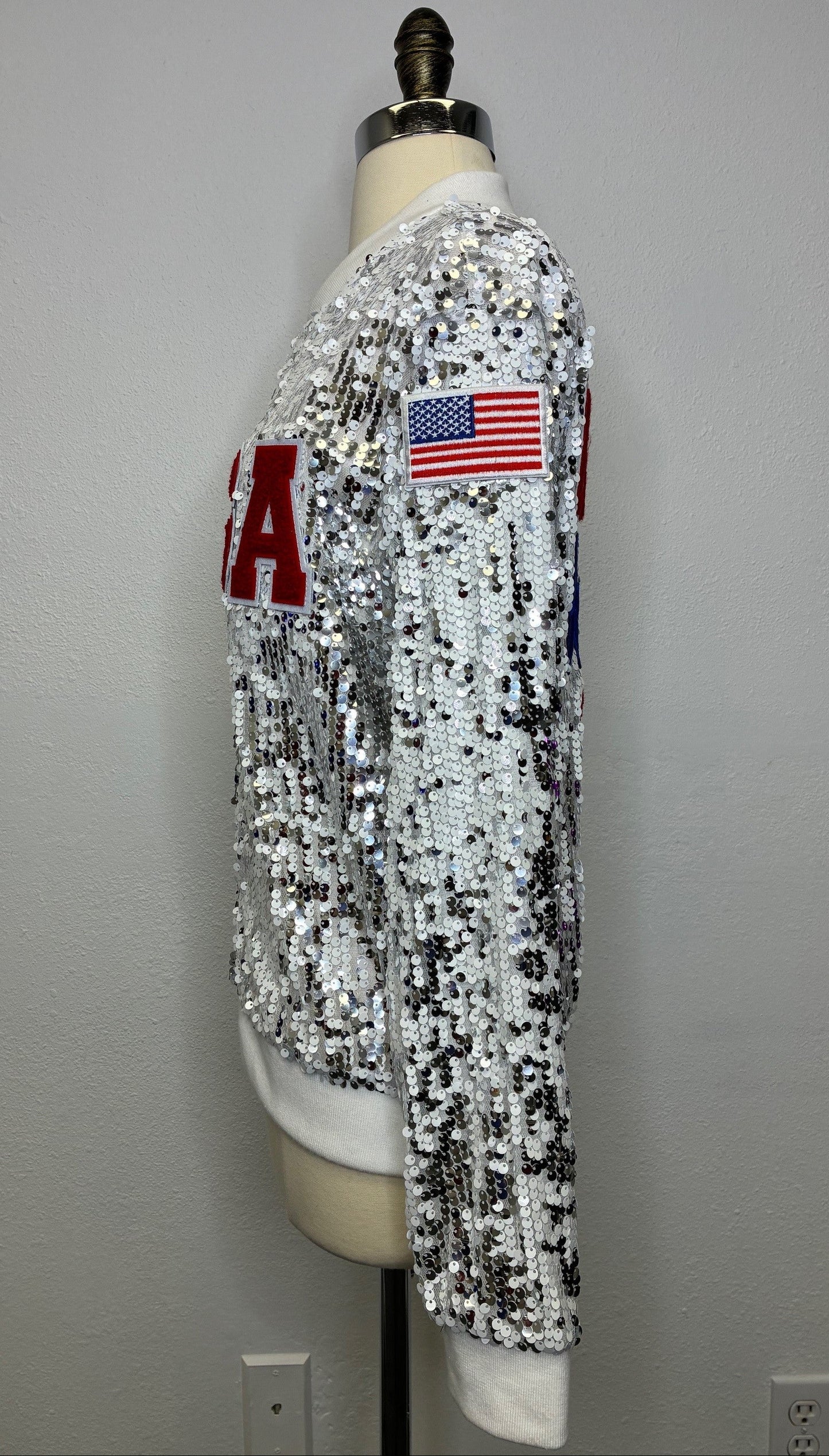 Custom PARTY IN THE USA Silver/White MAGA Sequin Jacket